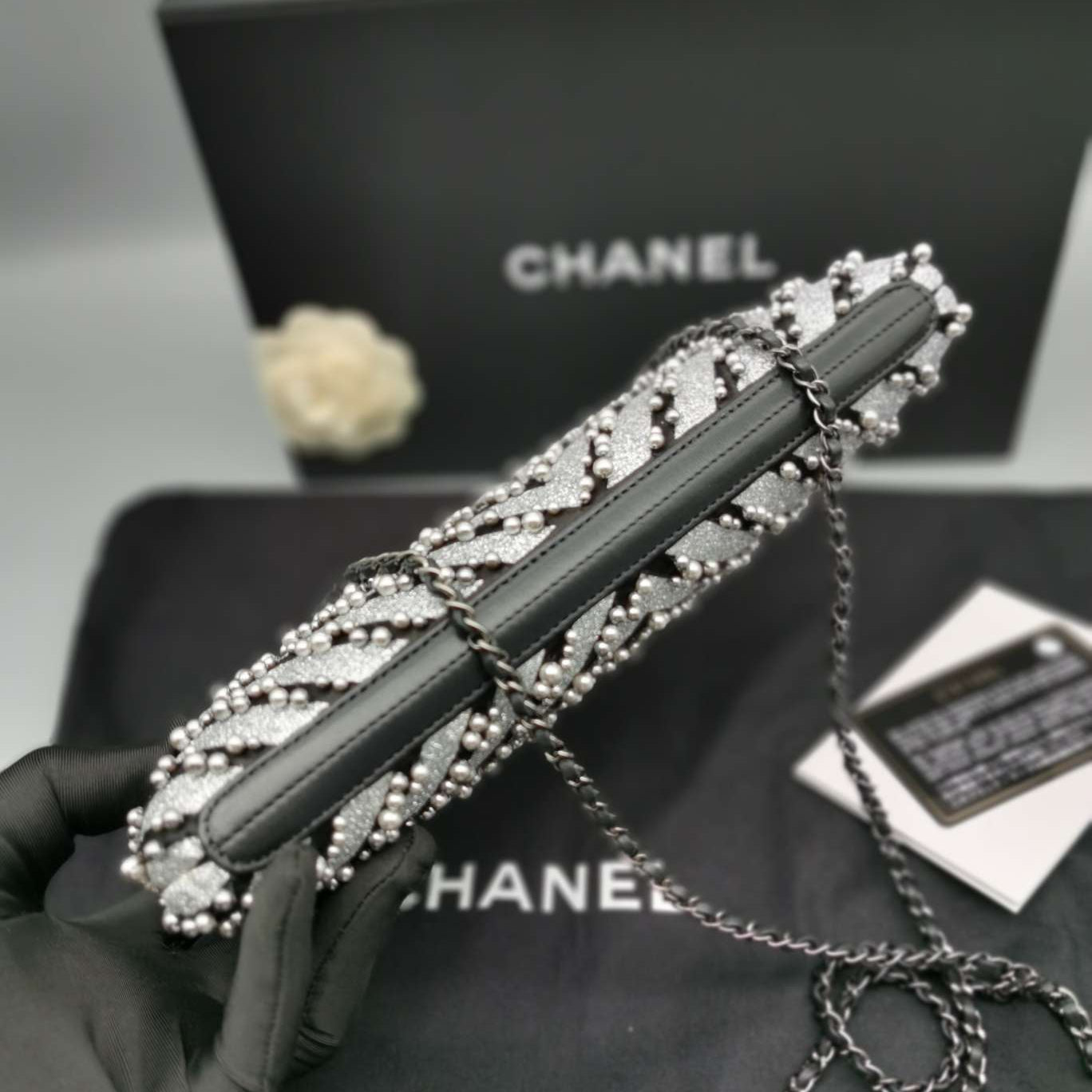Chanel Mixed Fibers Pearl Evening Clutch Silver Black