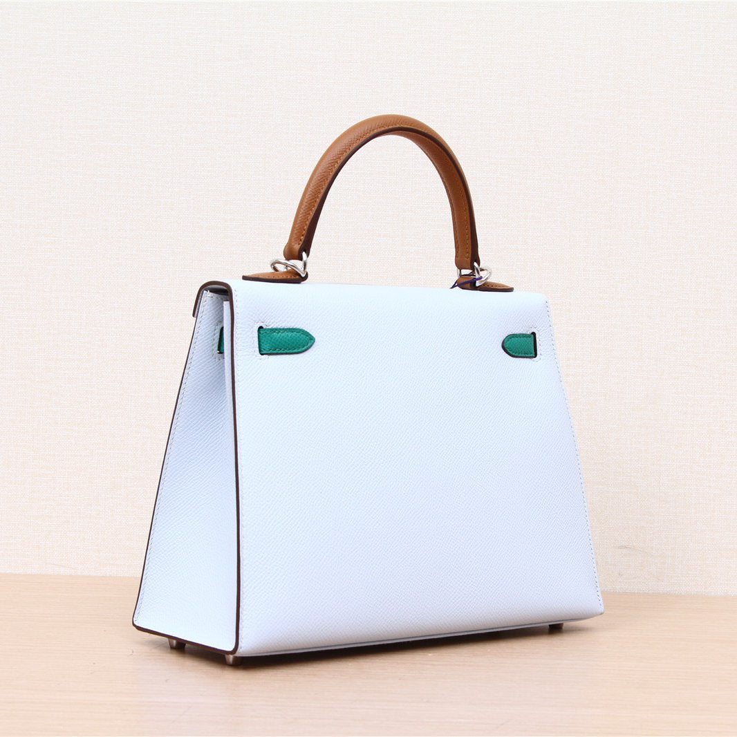 Hermès Kelly 25 Tri-Color T0 Bleu Brume/37 Gold/O6 Vert Jade Epsom/Jonathan Palladium Hardware