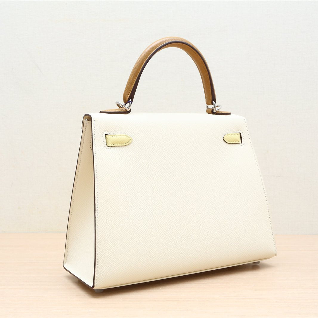 Hermès Kelly25 12 Blanc Casse, 2S Sesame, 1Z Jaune Poussin Epsom Palladium Hardware