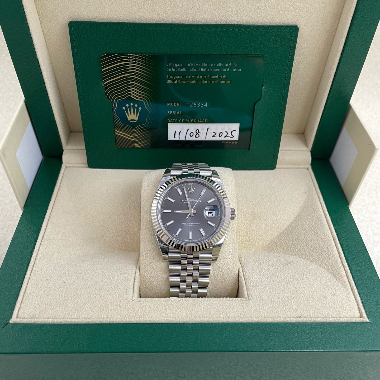 2025 Brand New Rolex - 126334-0014 Datejust 41 Stainless Steel Fluted / Jubilee / Dark Rhodium
