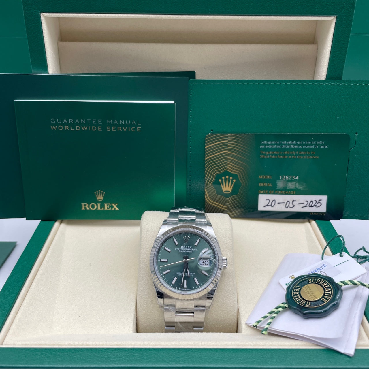 2025 Brand New Rolex - 126234-0052 Datejust 36 Stainless Steel / Fluted / Green / Oyster