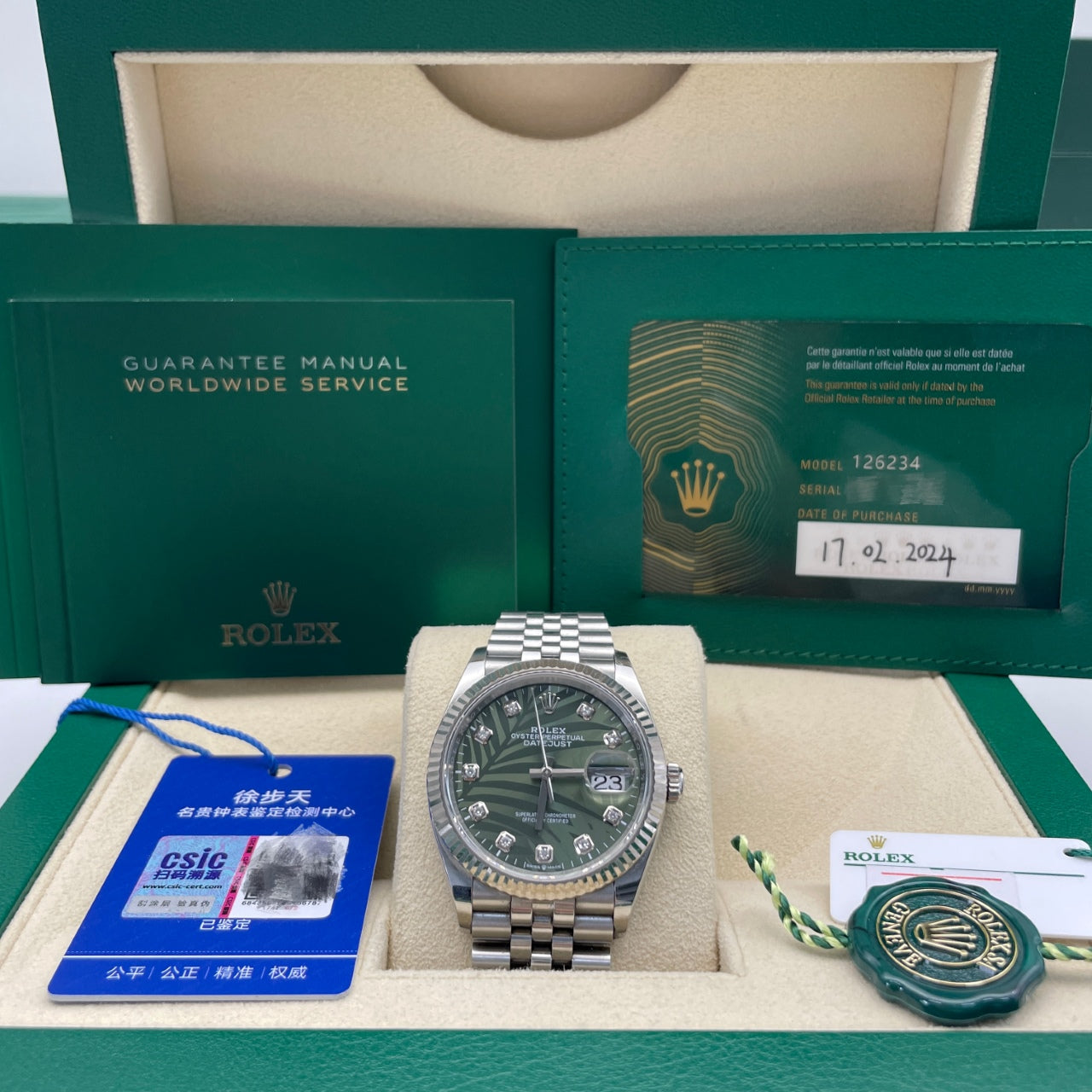 2024 Pre-owned Rolex - 126234-0047 Datejust 36 Stainless Steel / Fluted / Green - Palm / Jubilee