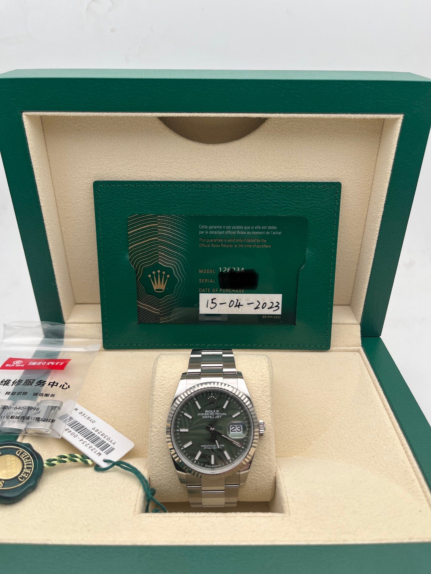 2023 Pre-owned Rolex - 126234-0048 Datejust 36 Stainless Steel / Fluted / Green - Palm / Oyster