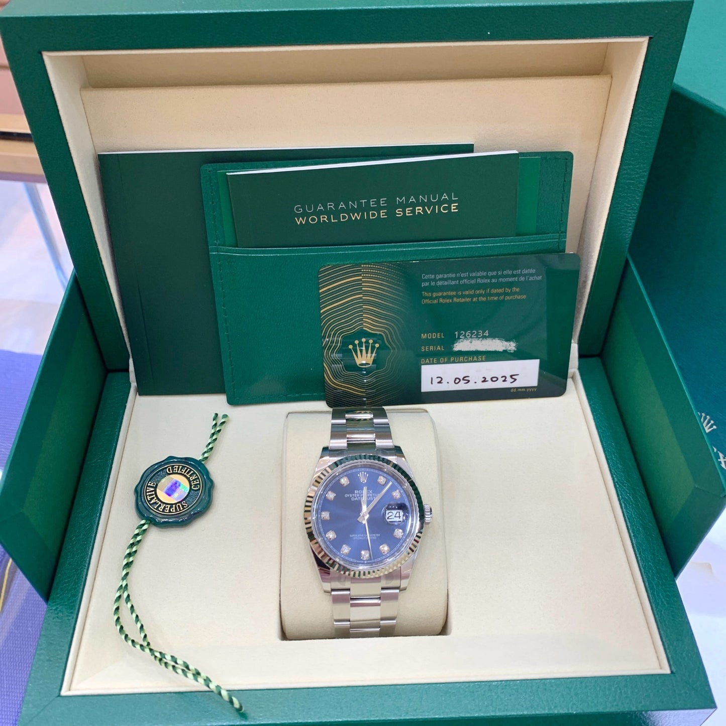 2025 Pre-owned Rolex - 126234-0038 Datejust 36 Stainless Steel / Fluted / Blue-Diamond / Oyster