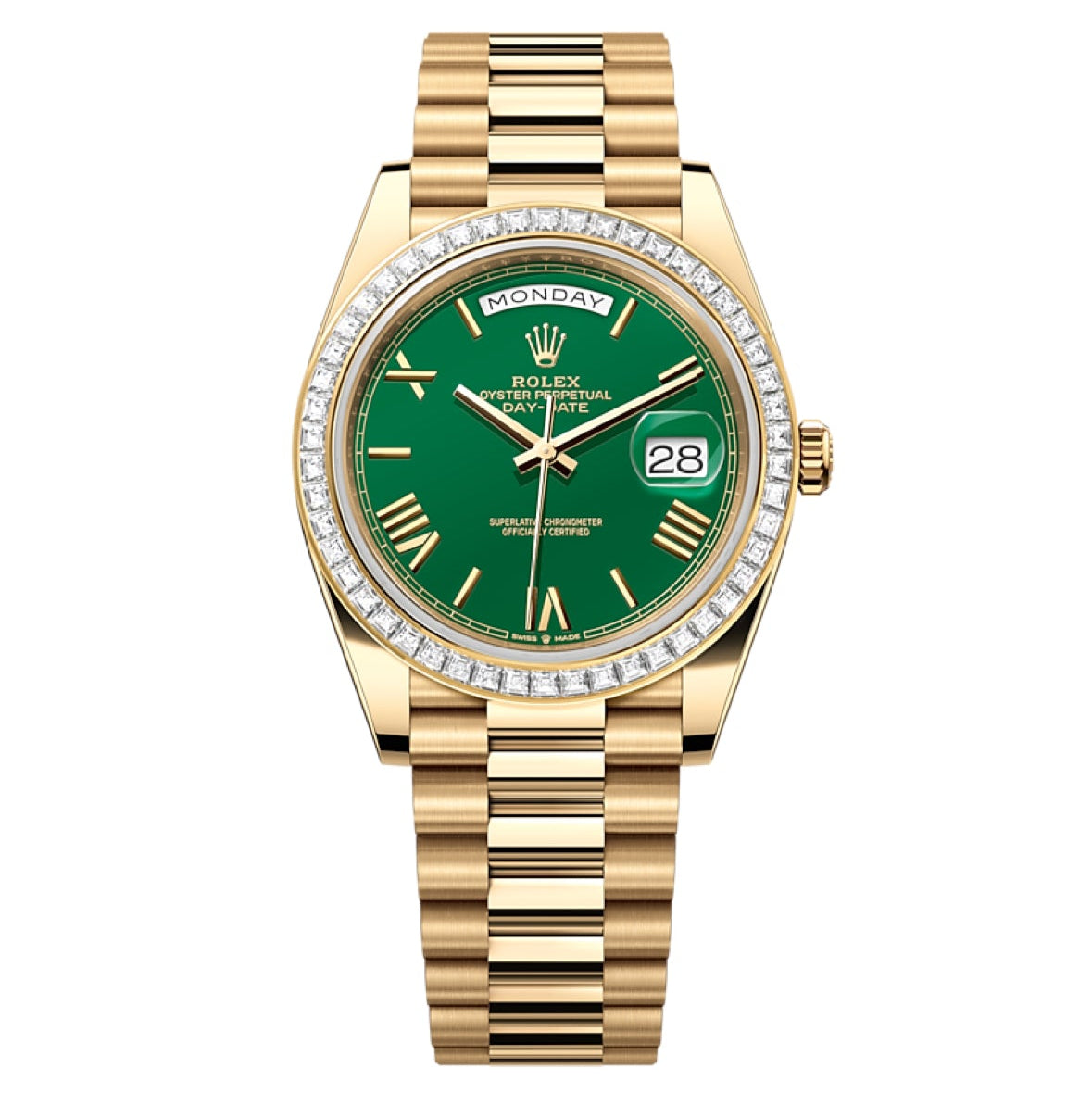 2025 Brand New Rolex - 228398TBR-0039 Day-Date 40 Yellow Gold - Baguette / Green - Roman