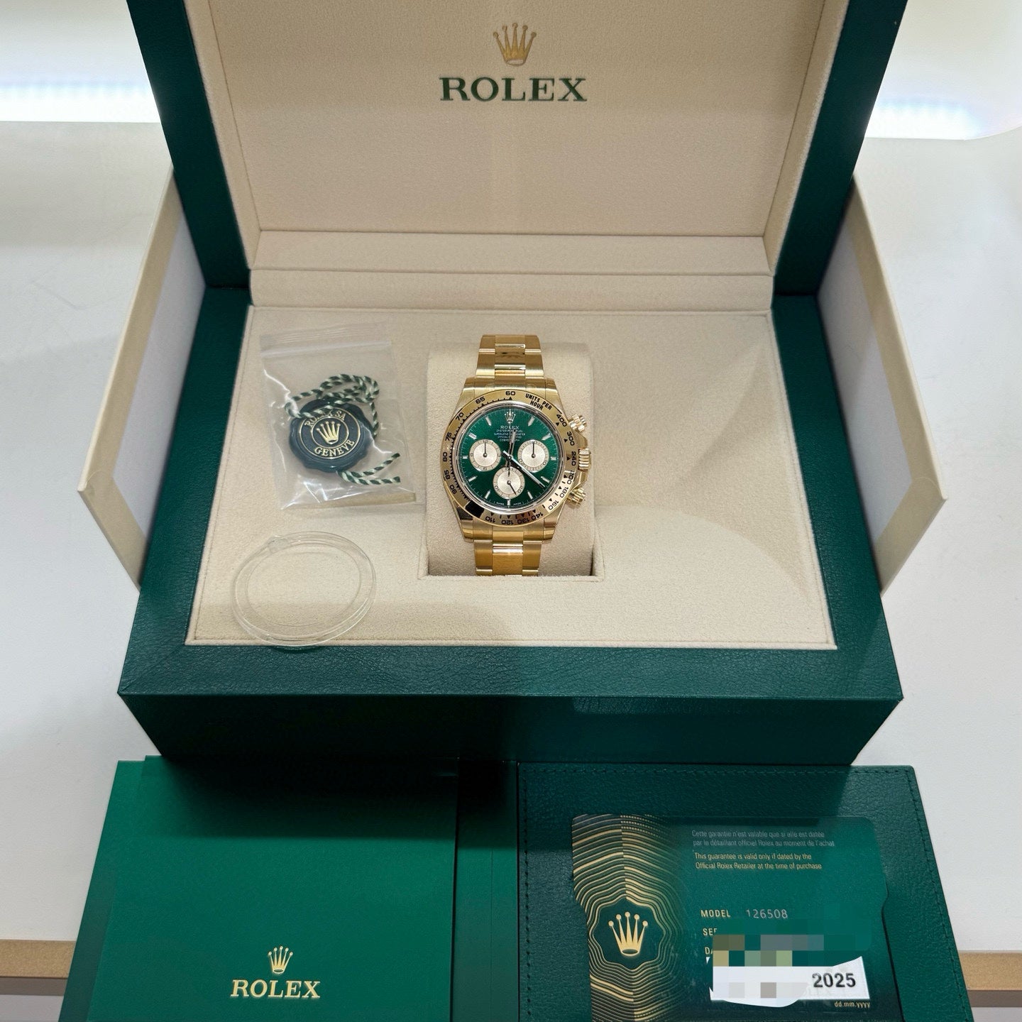 2025 Brand New Rolex - 126508-0008 Cosmograph Daytona Yellow Gold / Green / Oyster