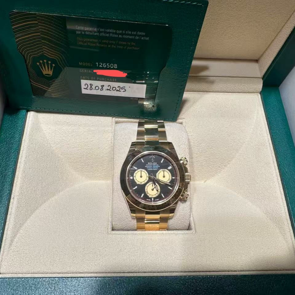 2025 Brand New Rolex - 126508-0002 Cosmograph Daytona Yellow Gold / Black - Champagne / Oyster