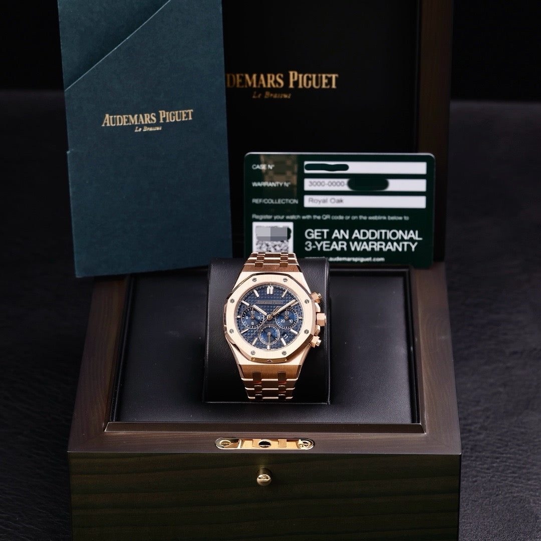 2025 Like New Audemars Piguet - 26715OR.OO.1356OR.01 Royal Oak Chronograph 38 Pink Gold / Blue