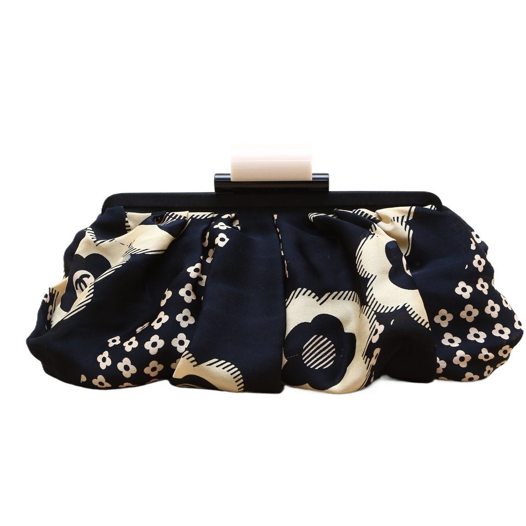 Chanel Black Camellia Print Fabric Frame Clutch