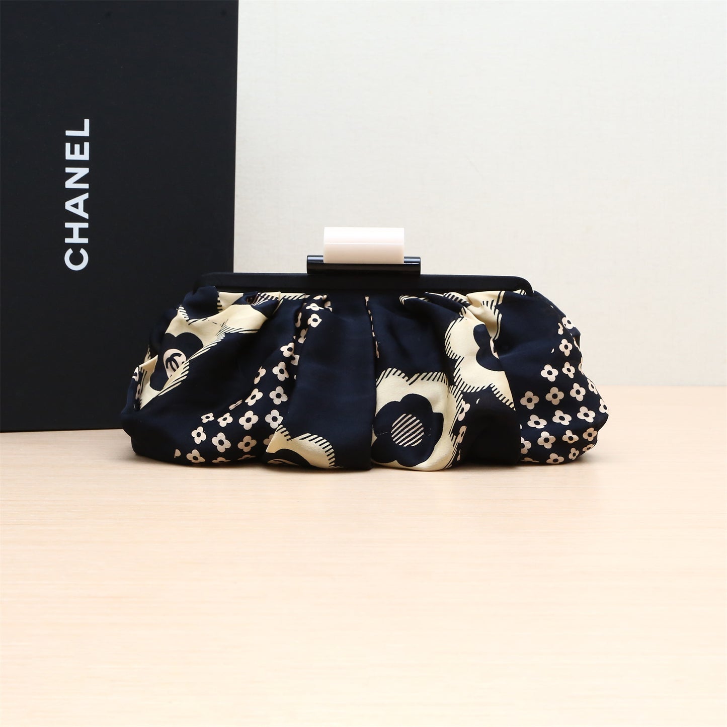 Chanel Black Camellia Print Fabric Frame Clutch