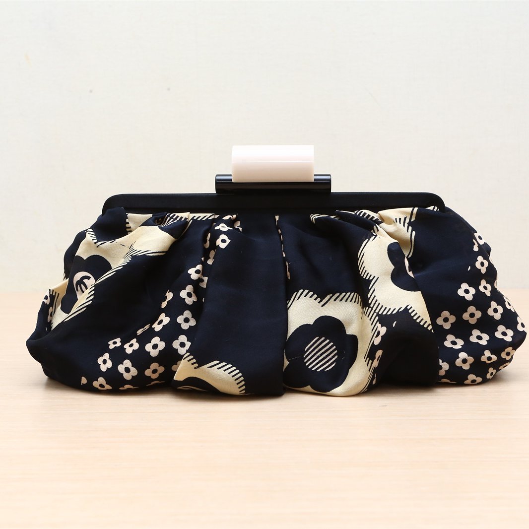 Chanel Black Camellia Print Fabric Frame Clutch