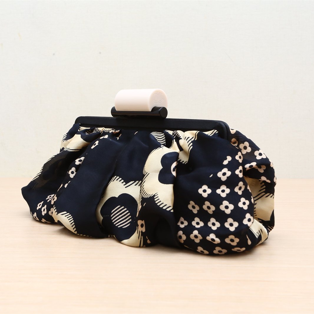 Chanel Black Camellia Print Fabric Frame Clutch
