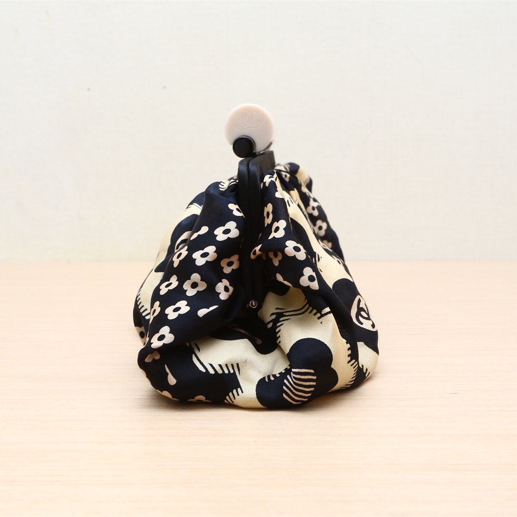 Chanel Black Camellia Print Fabric Frame Clutch