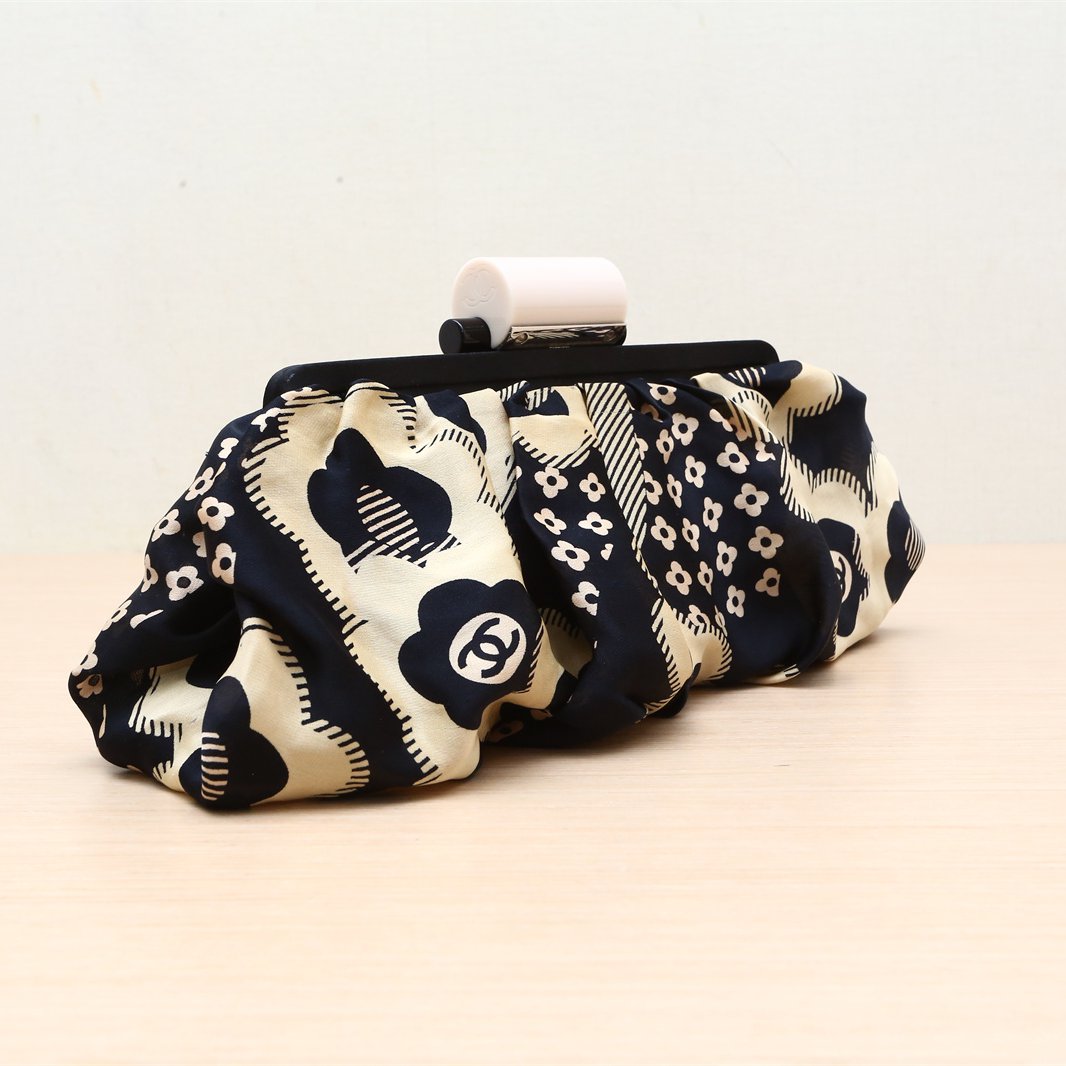Chanel Black Camellia Print Fabric Frame Clutch