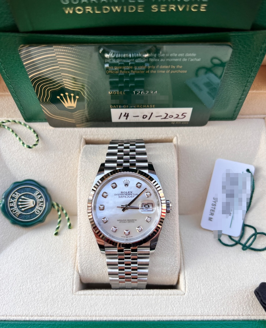 2025 Brand New Rolex - 126234-0019 Datejust 36 Stainless Steel / Fluted / MOP-Diamond / Jubilee