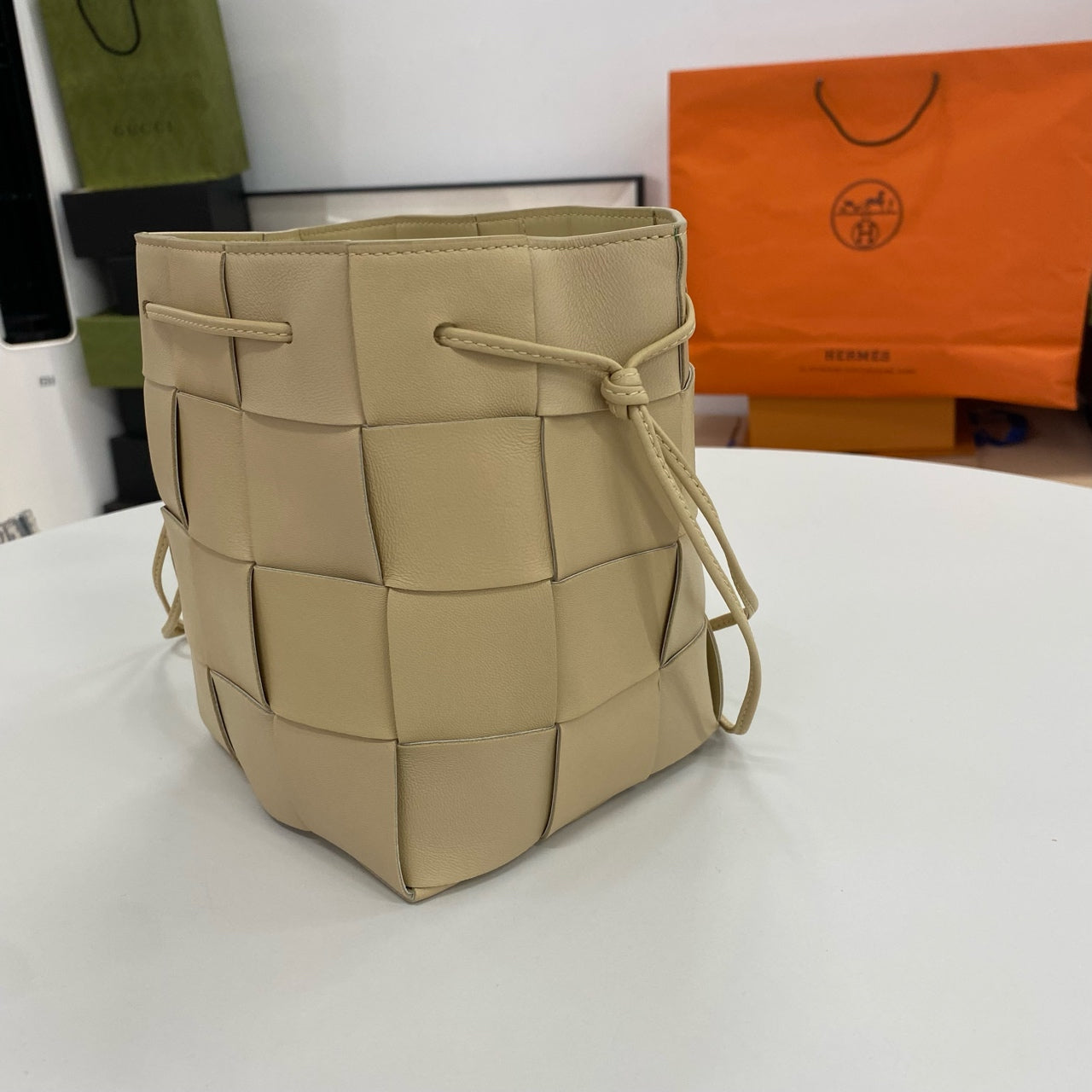 Bottega Veneta Apricot Intrecciato Bucket Bag