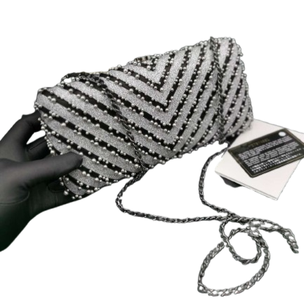 Chanel Mixed Fibers Pearl Evening Clutch Silver Black