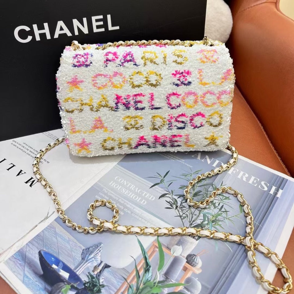 Chanel Sequin Flap Bag Logo CC White Multicolor