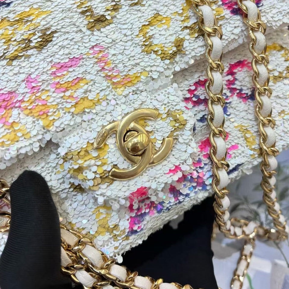 Chanel Sequin Flap Bag Logo CC White Multicolor