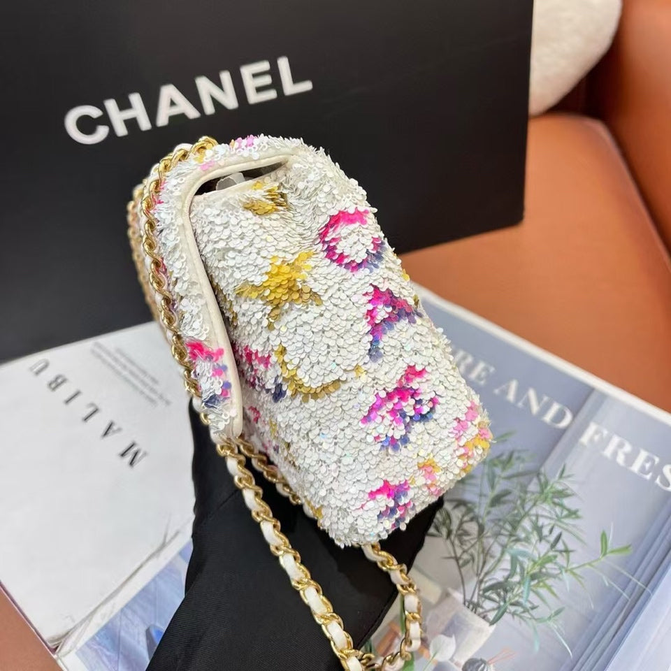 Chanel Sequin Flap Bag Logo CC White Multicolor