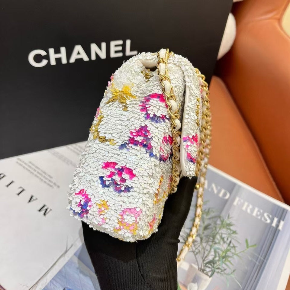 Chanel Sequin Flap Bag Logo CC White Multicolor