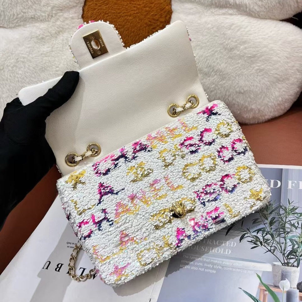 Chanel Sequin Flap Bag Logo CC White Multicolor