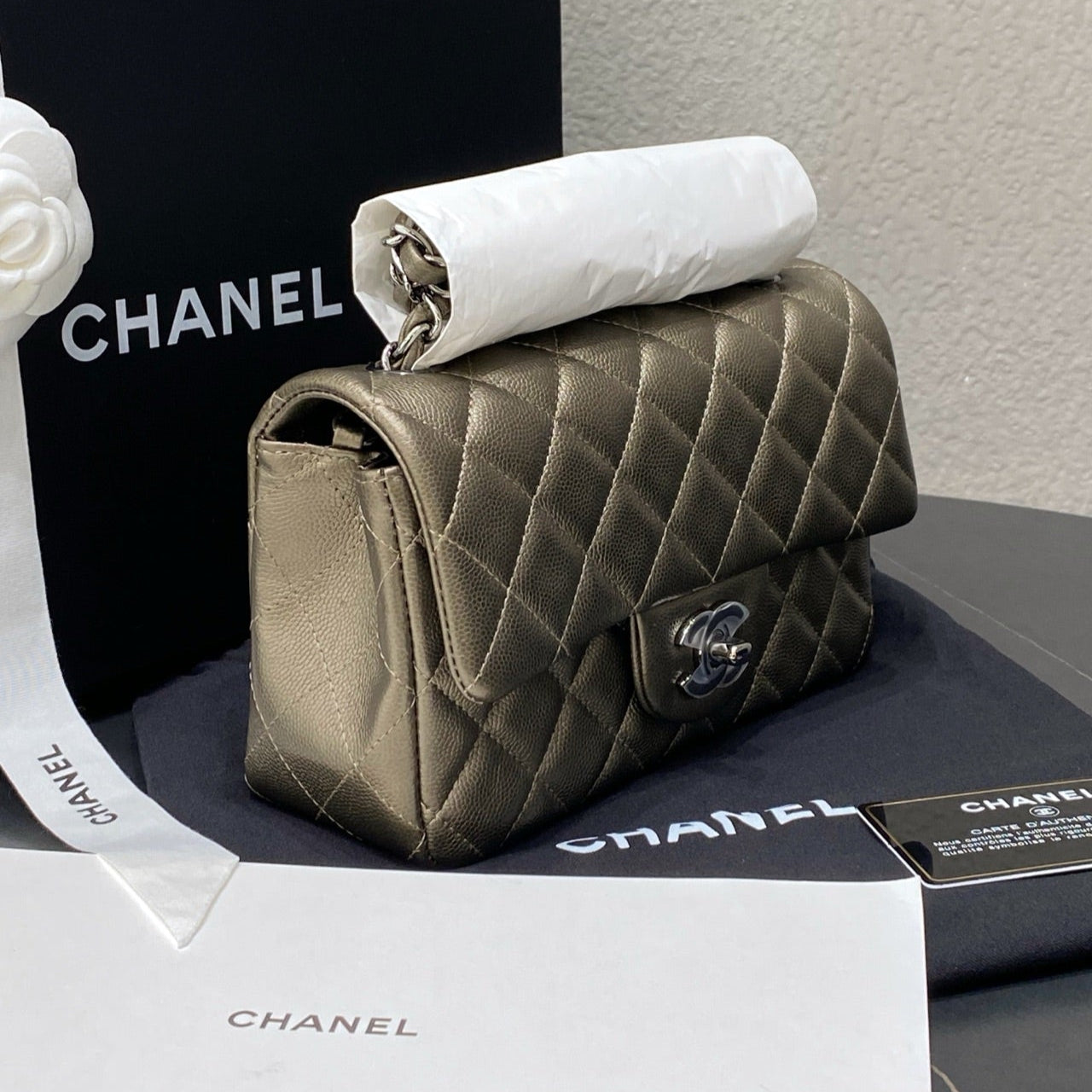 Chanel Mini Rectangular Classic Flap Bag In Metallic Champagne