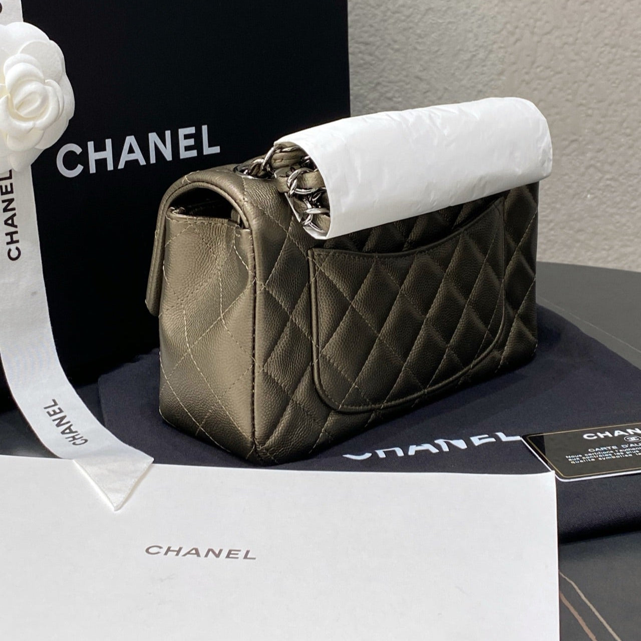 Chanel Mini Rectangular Classic Flap Bag In Metallic Champagne