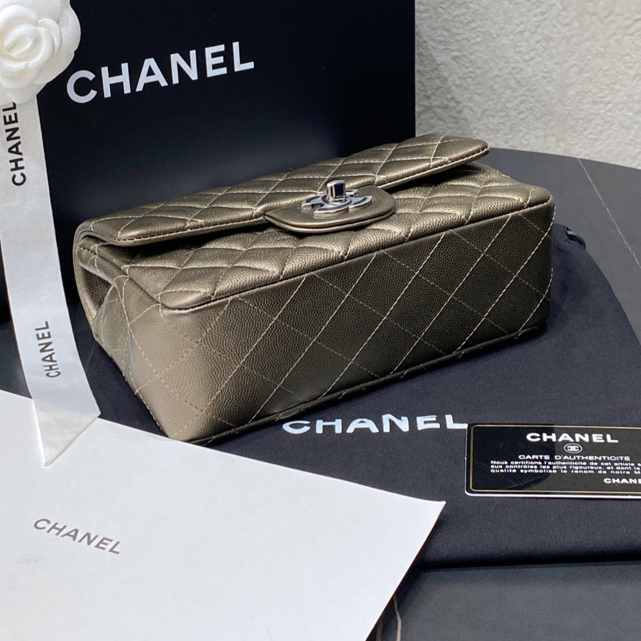 Chanel Mini Rectangular Classic Flap Bag In Metallic Champagne