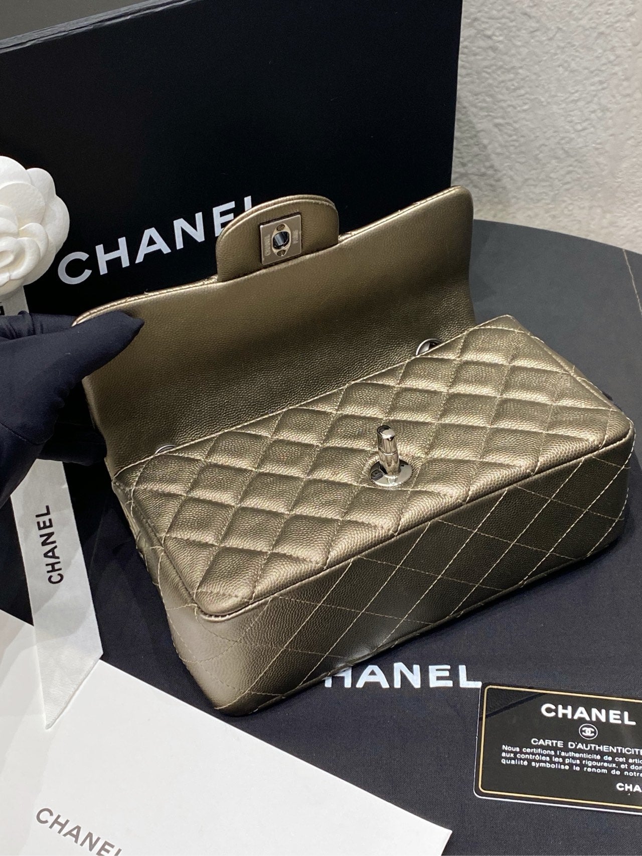 Chanel Mini Rectangular Classic Flap Bag In Metallic Champagne