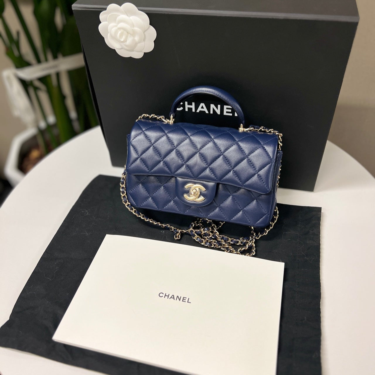 Chanel Classic Flap (CF) Mini Top Handle Bag In Navy Blue