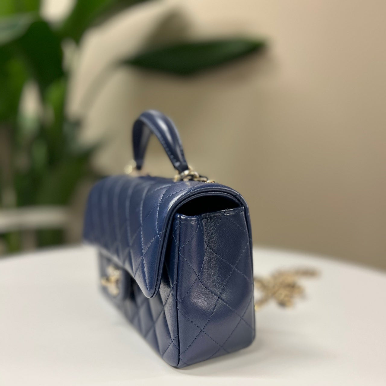 Chanel Classic Flap (CF) Mini Top Handle Bag In Navy Blue