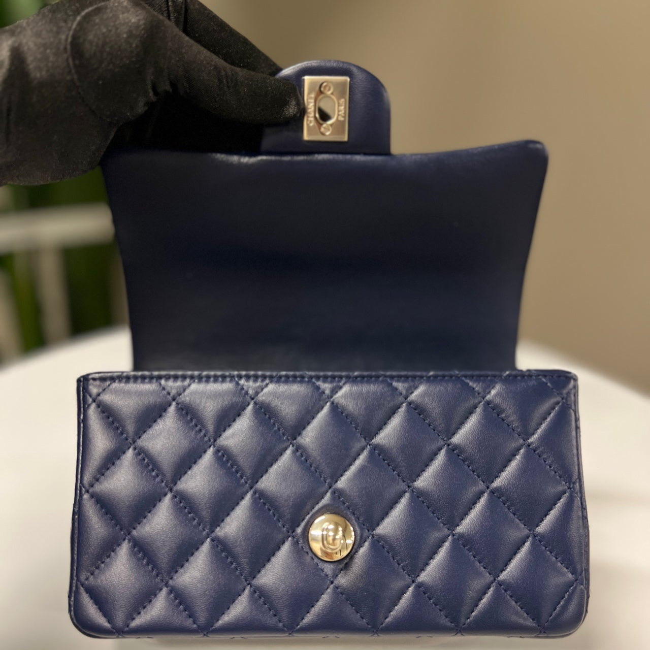 Chanel Classic Flap (CF) Mini Top Handle Bag In Navy Blue