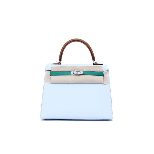 Hermès Kelly 25 Tri-Color T0 Bleu Brume/37 Gold/O6 Vert Jade Epsom/Jonathan Palladium Hardware