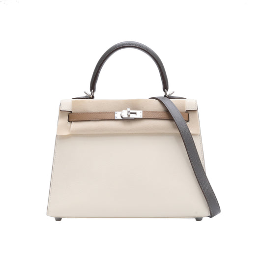 Hermès Kelly 25 12 Blanc Casse, 0L Gris Meyer/, 0M Chai Epsom Palladium Hardware