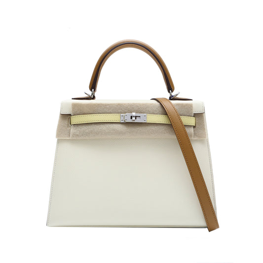 Hermès Kelly25 12 Blanc Casse, 2S Sesame, 1Z Jaune Poussin Epsom Palladium Hardware