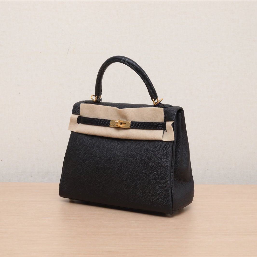 Hermès Kelly Touch 25 89 Noir Togo/Lizard Gold Hardware