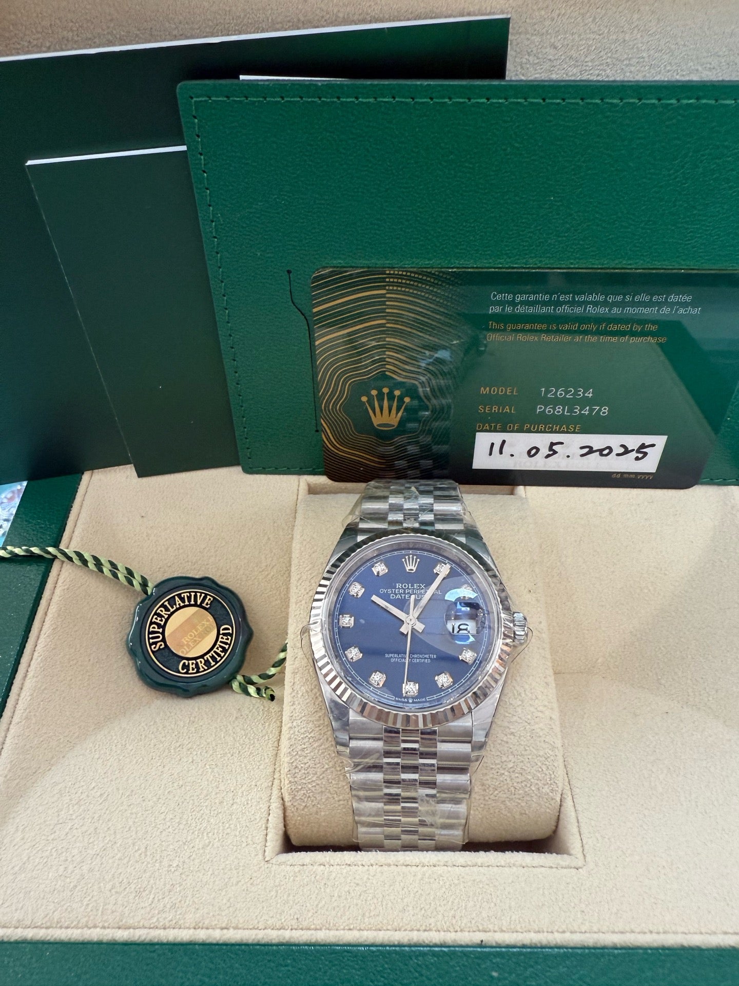 2025 Brand New Rolex - 126234-0037 Datejust 36 Stainless Steel / Fluted / Blue-Diamond / Jubilee