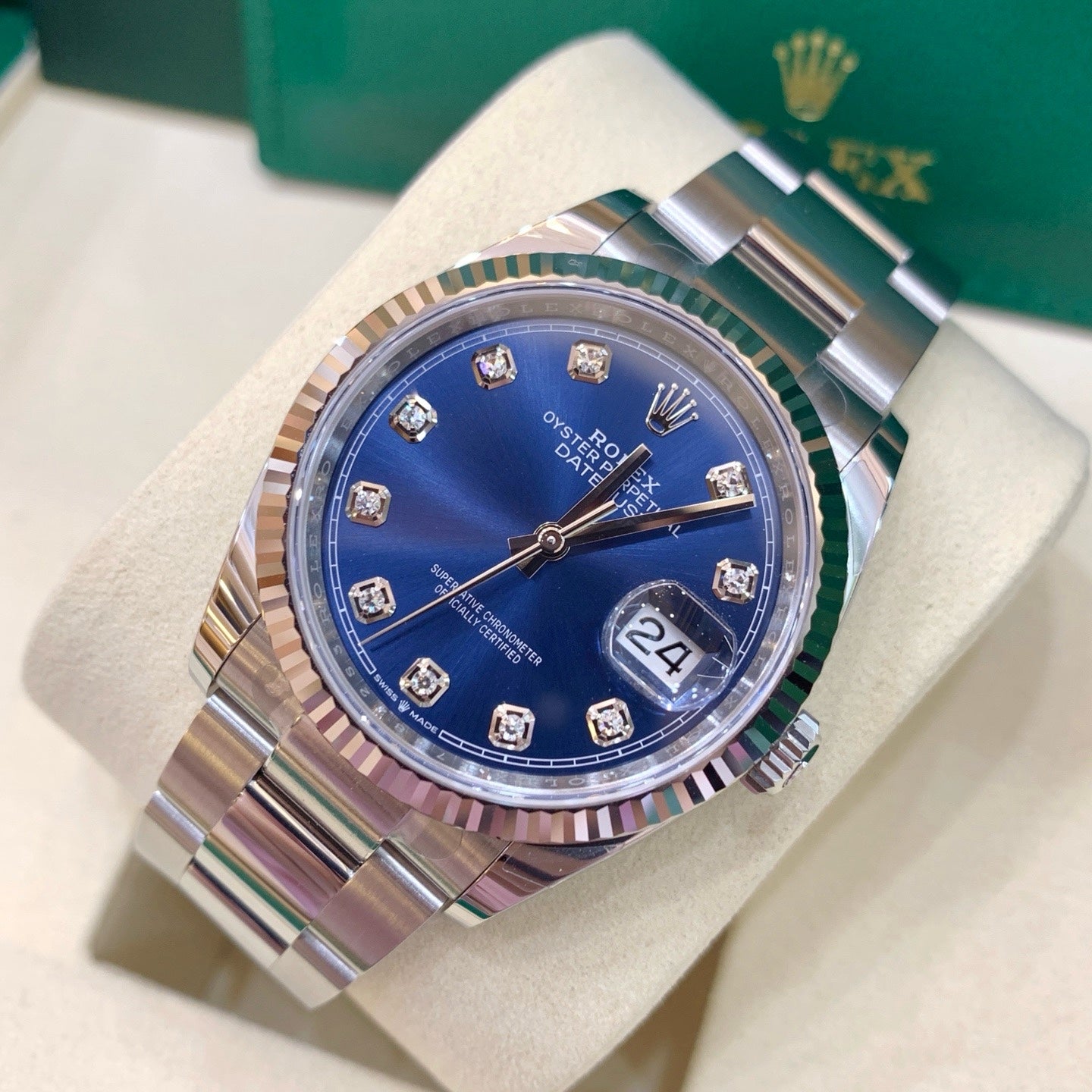 2025 Pre-owned Rolex - 126234-0038 Datejust 36 Stainless Steel / Fluted / Blue-Diamond / Oyster