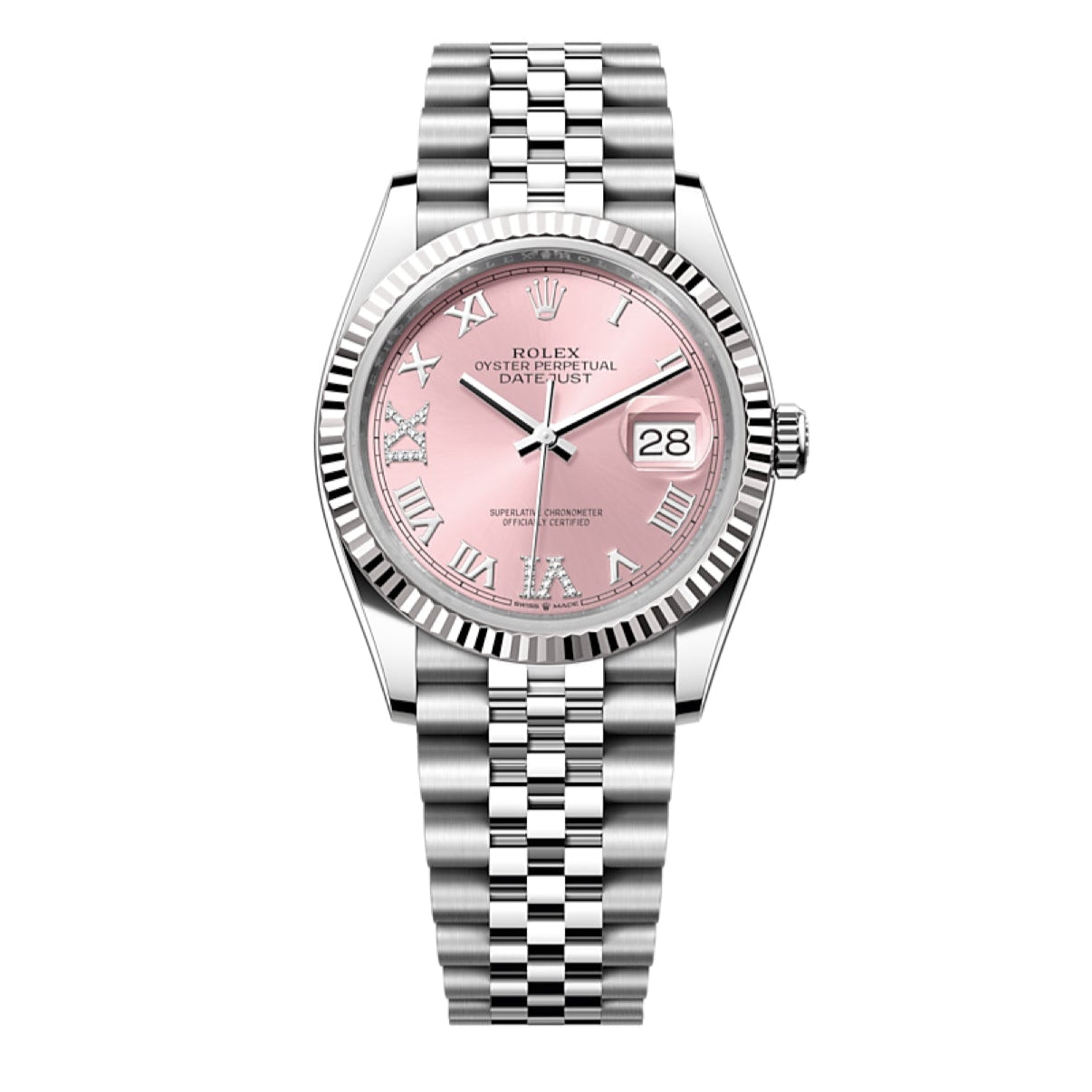 2025 Brand New Rolex - 126234-0031 Datejust 36 Stainless Steel / Fluted / Pink Roman-Diamonds / Jubilee