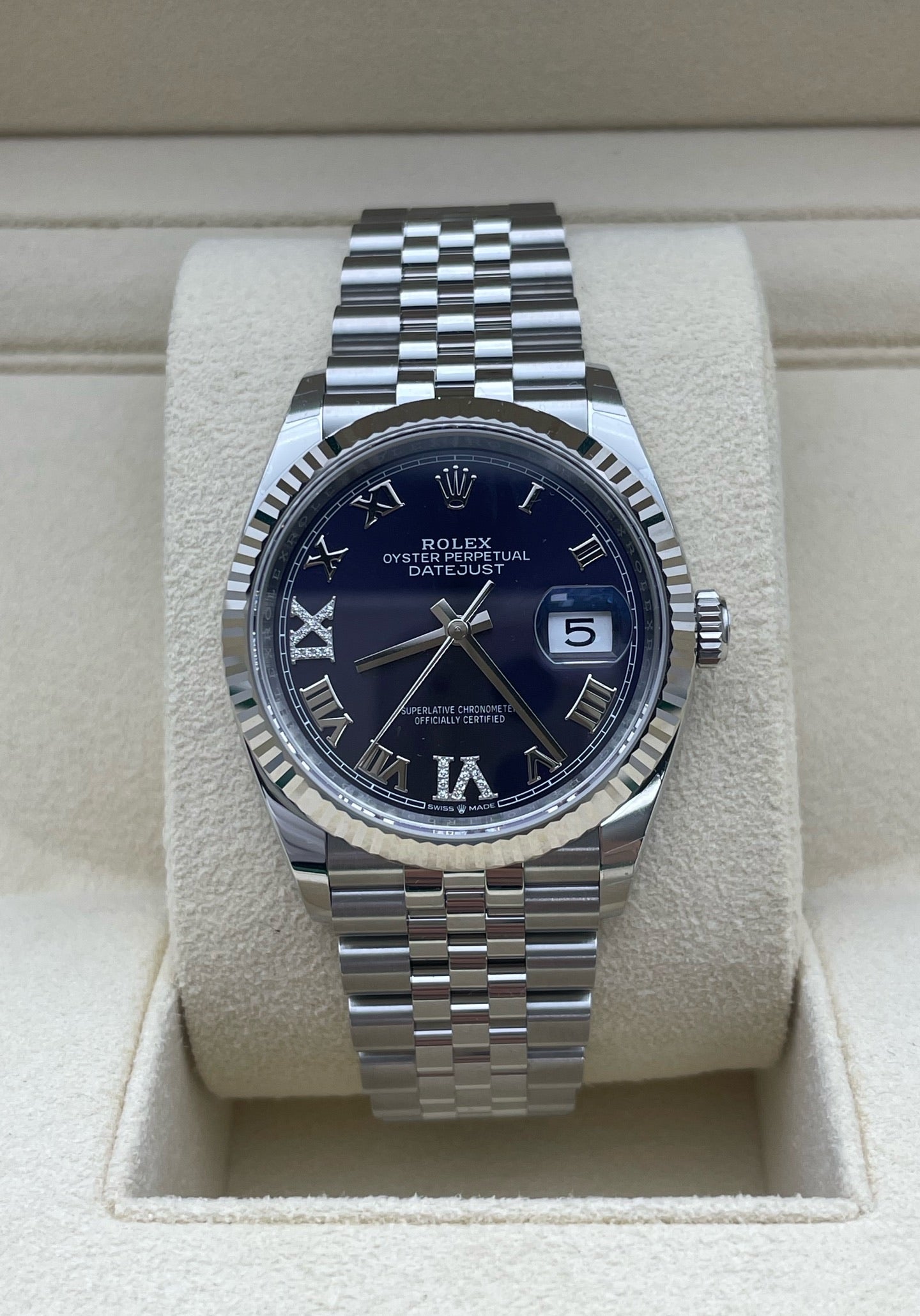 2025 Brand New Rolex - 126234-0021 Datejust 36 Stainless Steel / Fluted / Aubergine Roman-Diamonds / Jubilee