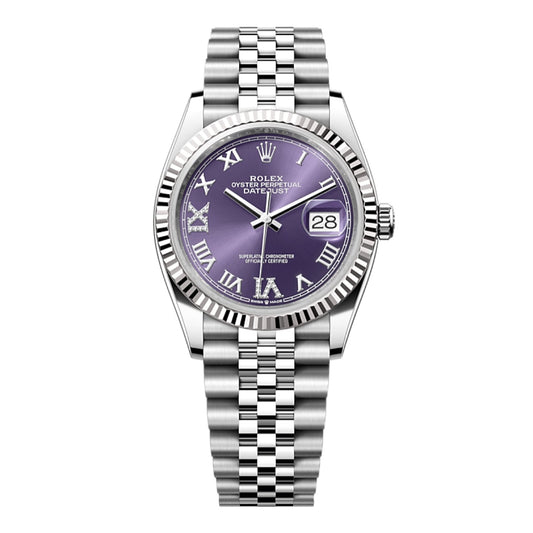 2025 Brand New Rolex - 126234-0021 Datejust 36 Stainless Steel / Fluted / Aubergine Roman-Diamonds / Jubilee