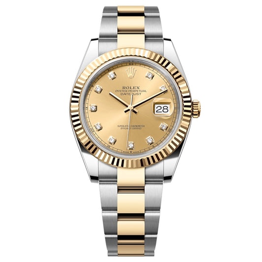 2025 Brand New Rolex - 126333-0011 Datejust 41 Rolesor Yellow Fluted / Oyster / Champagne - Diamond