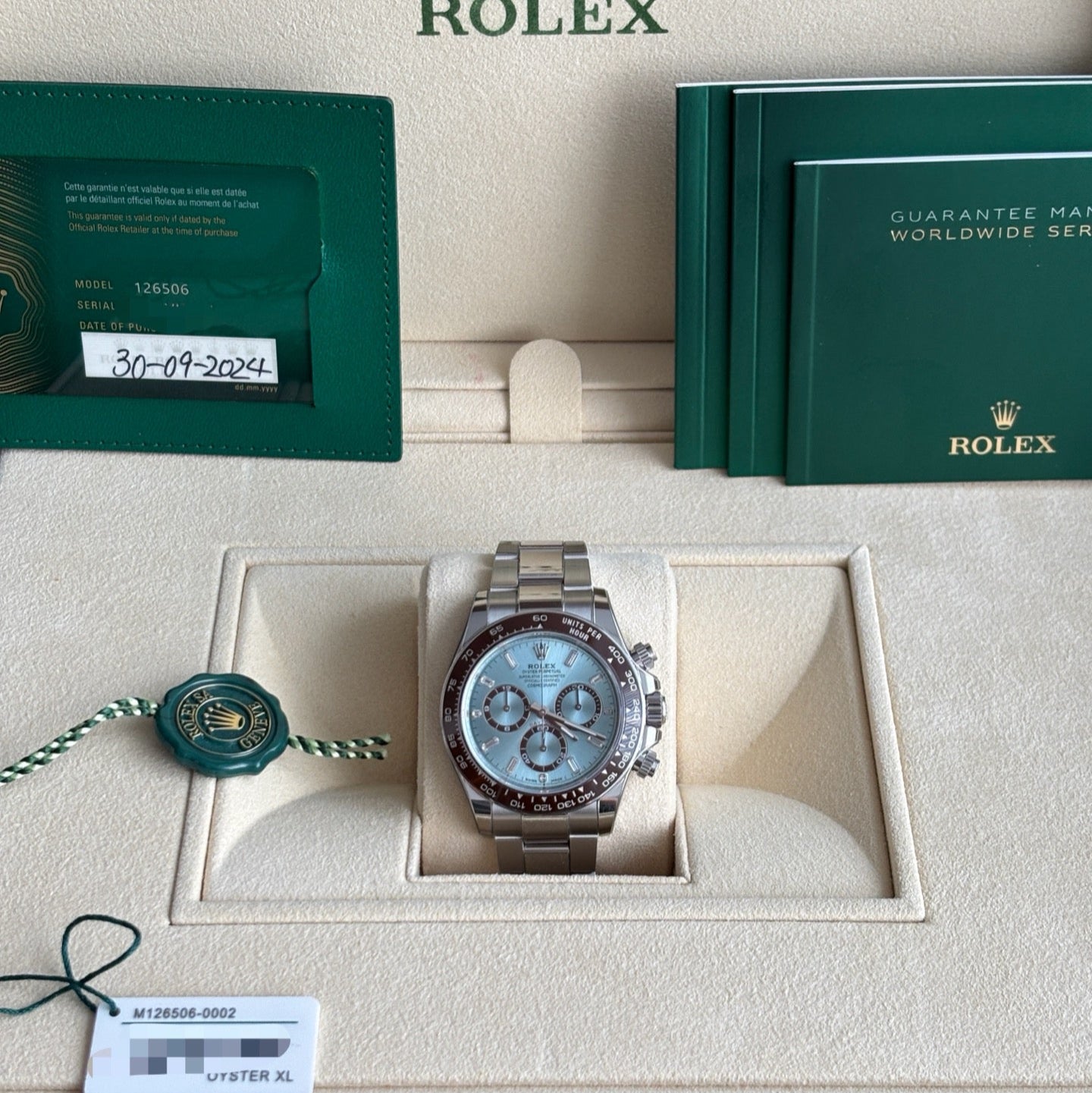 2025 Brand New Rolex - 126506-0002 Cosmograph Daytona Platinum - Cerachrom / Ice Blue - Baguette / Oyster