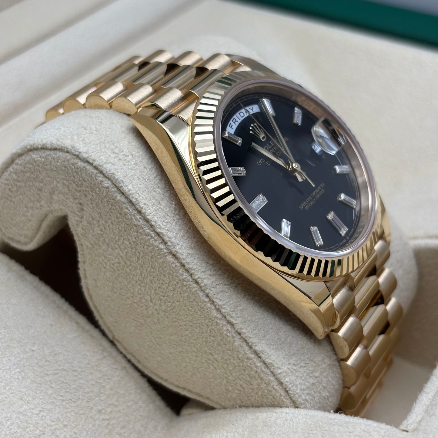 2025 Brand New Rolex - 228238-0004 Day-Date 40 Yellow Gold / Black - Baguette