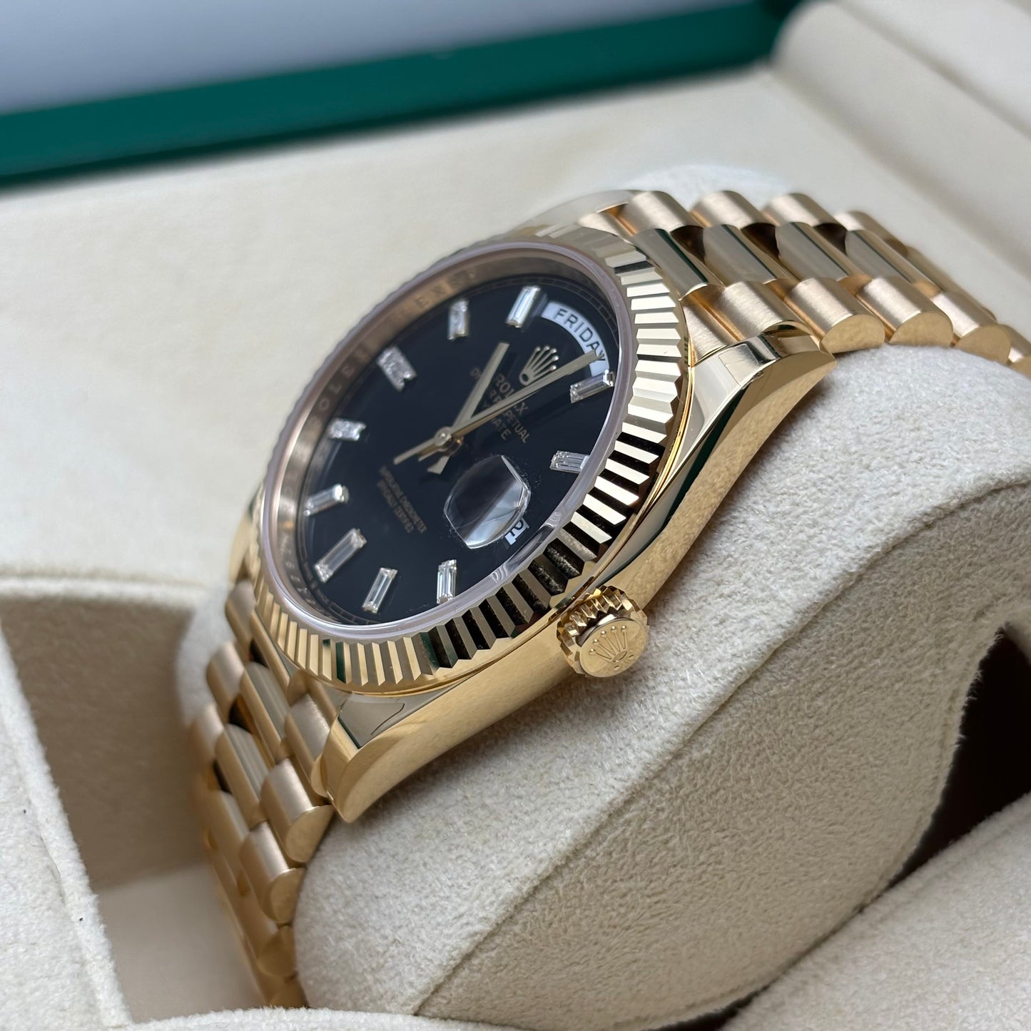 2025 Brand New Rolex - 228238-0004 Day-Date 40 Yellow Gold / Black - Baguette