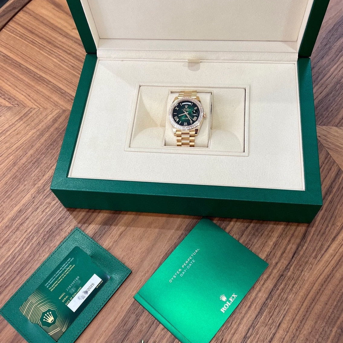 2025 Brand New Rolex - 228398TBR-0042 Day-Date 40 Yellow Gold - Baguette / Green Ombré