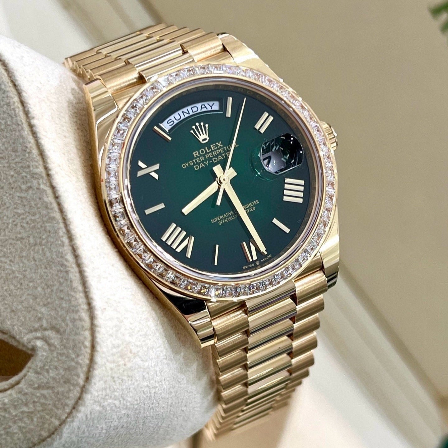 2025 Brand New Rolex - 228398TBR-0042 Day-Date 40 Yellow Gold - Baguette / Green Ombré