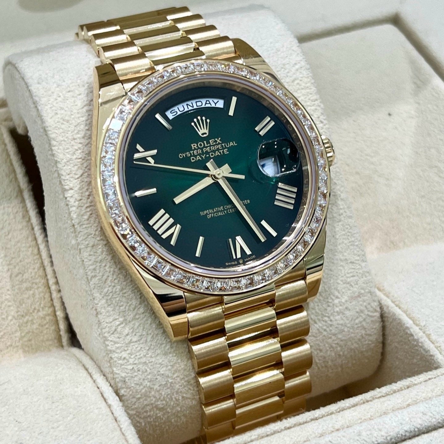 2025 Brand New Rolex - 228398TBR-0042 Day-Date 40 Yellow Gold - Baguette / Green Ombré