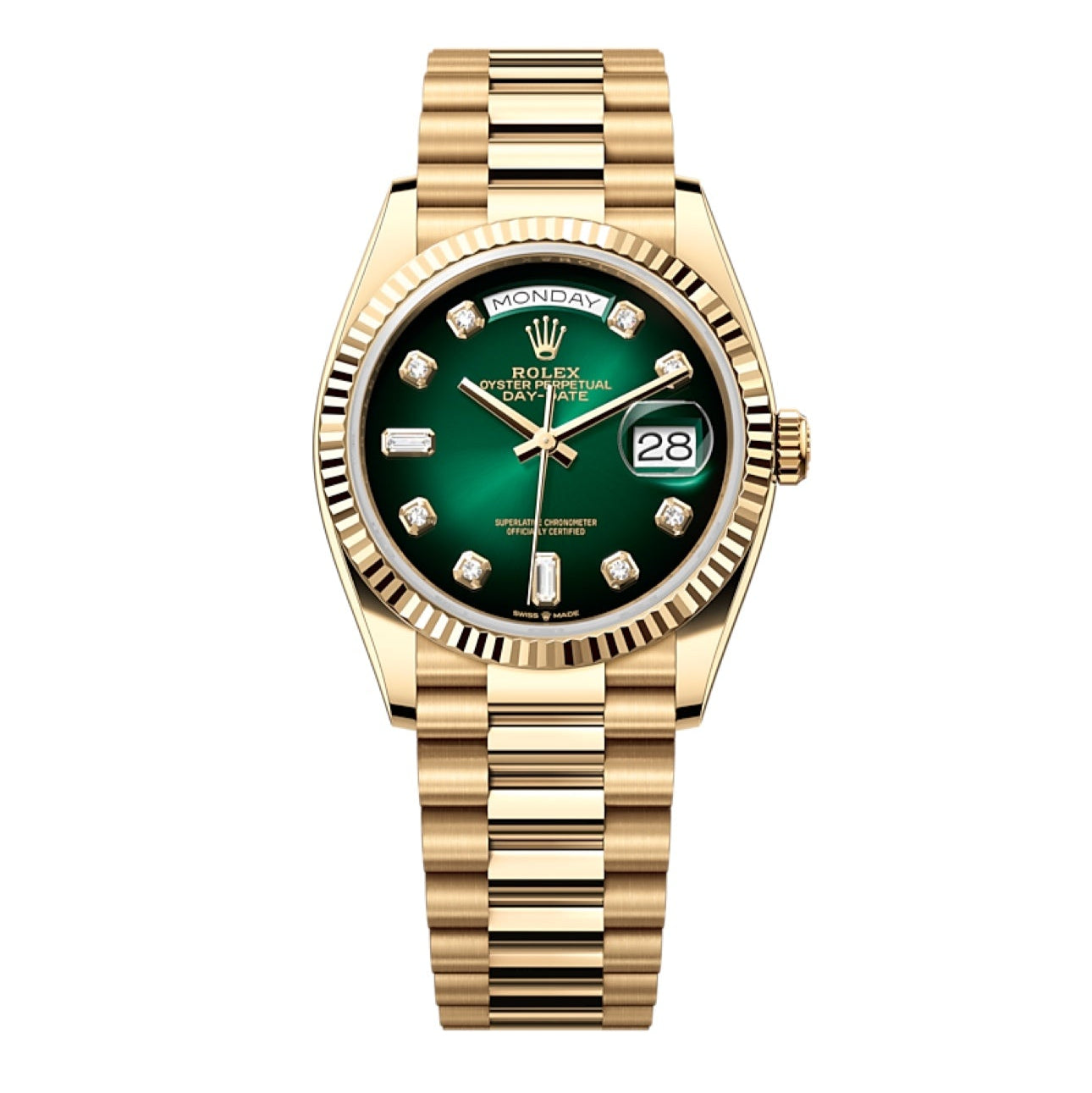 2025 Brand New Rolex - 128238-0069 Day-Date 36 Yellow Gold / Fluted / Green Ombré-Diamond / President